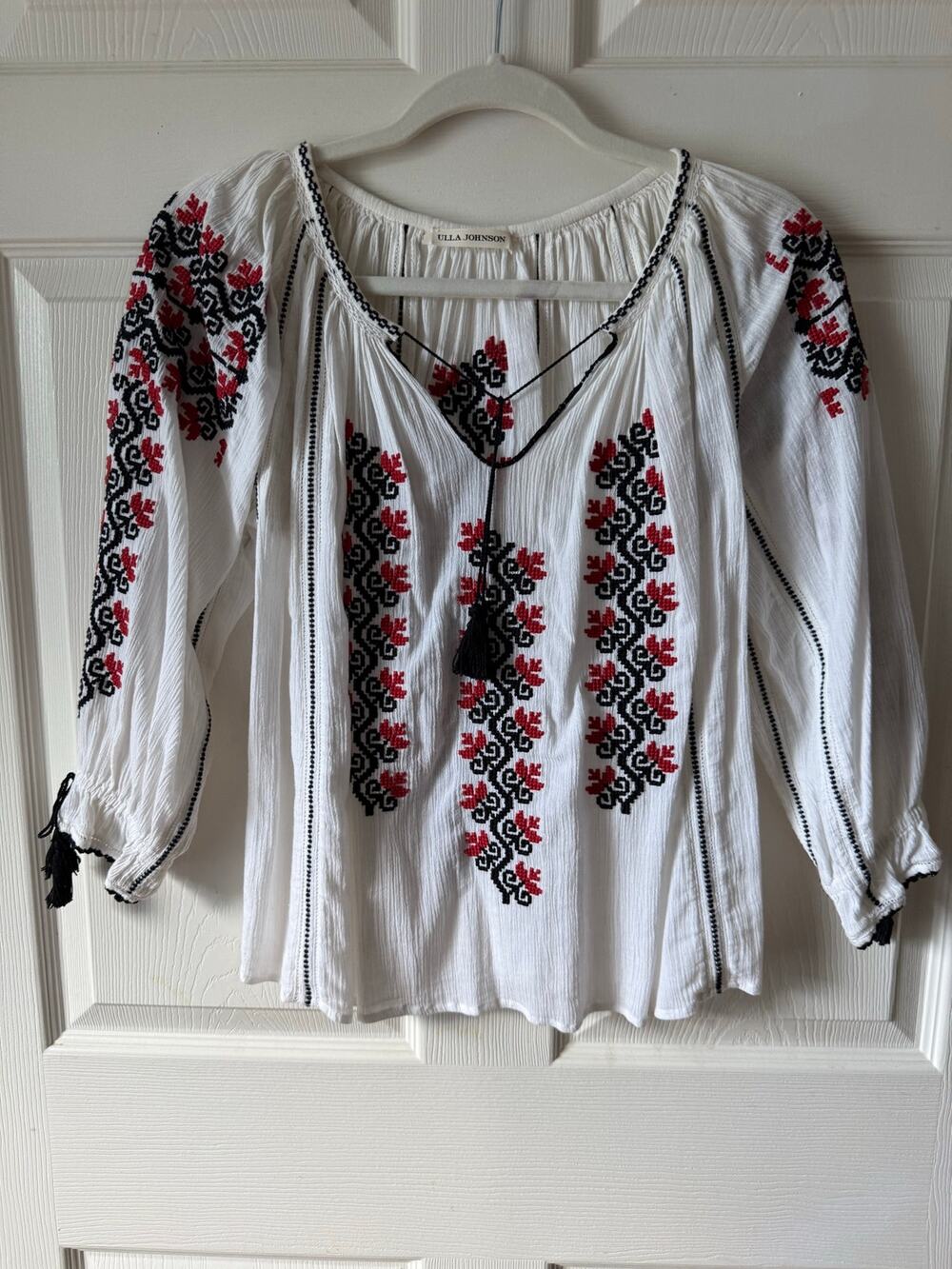 Ulla Johnson Embroidered Cotton Gauze Peasant Blouse White Boho Size 4